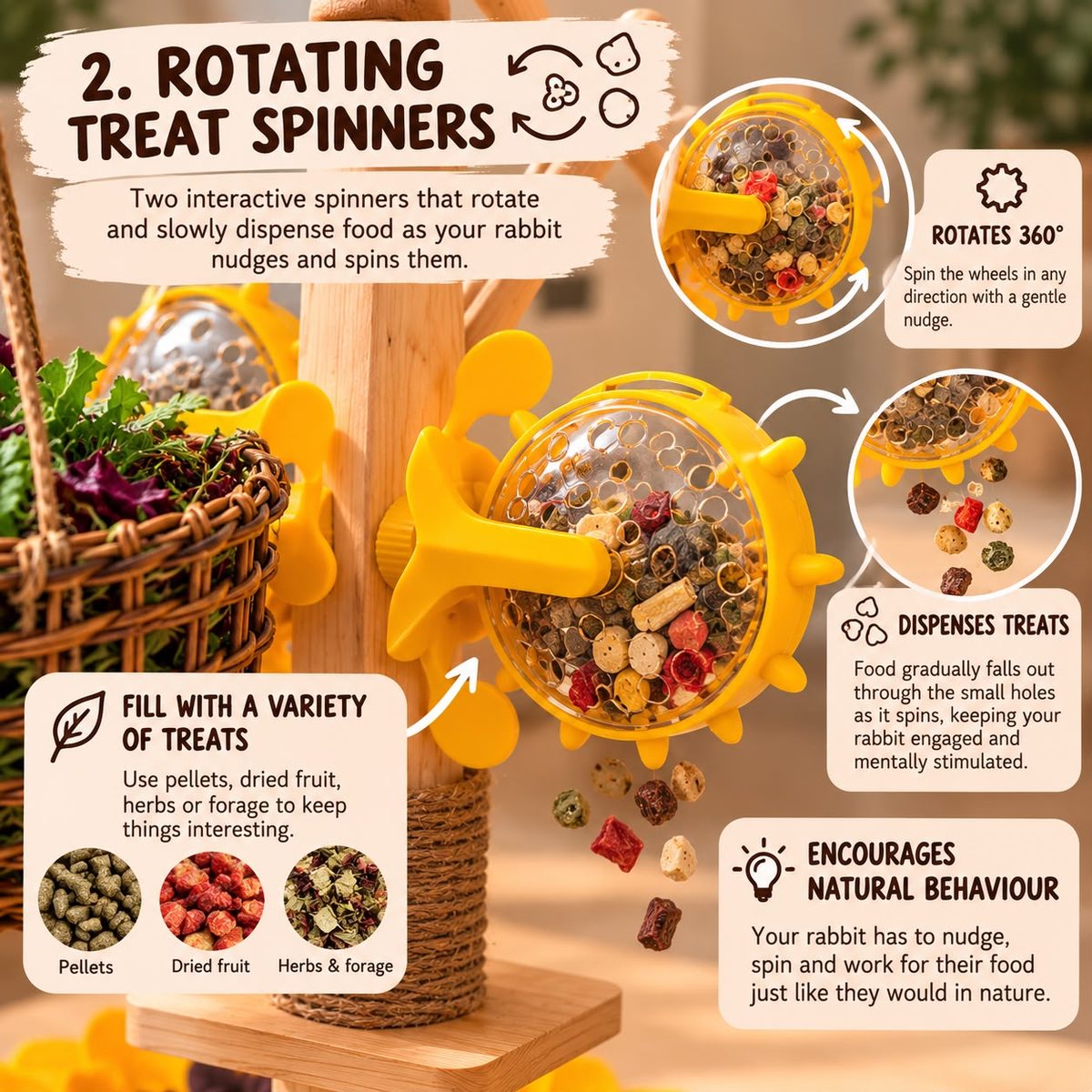 2. Rotating Treat Spinners — two interactive spinners that slowly dispense food as your rabbit nudges them