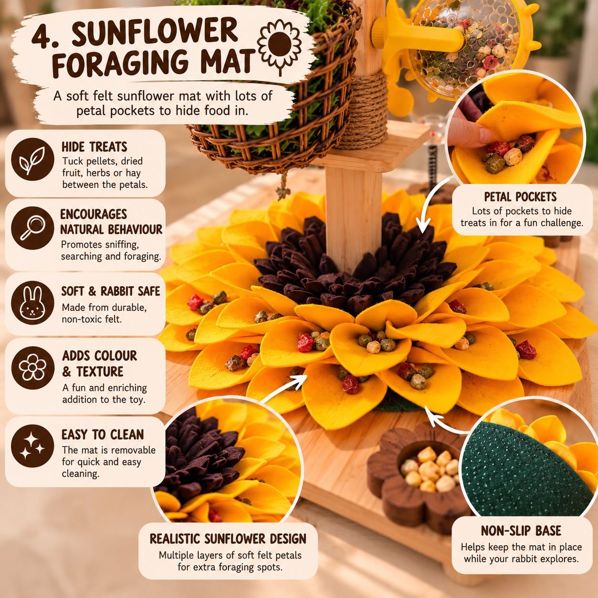 4. Sunflower Foraging Mat — a soft felt sunflower mat with lots of petal pockets to hide food in