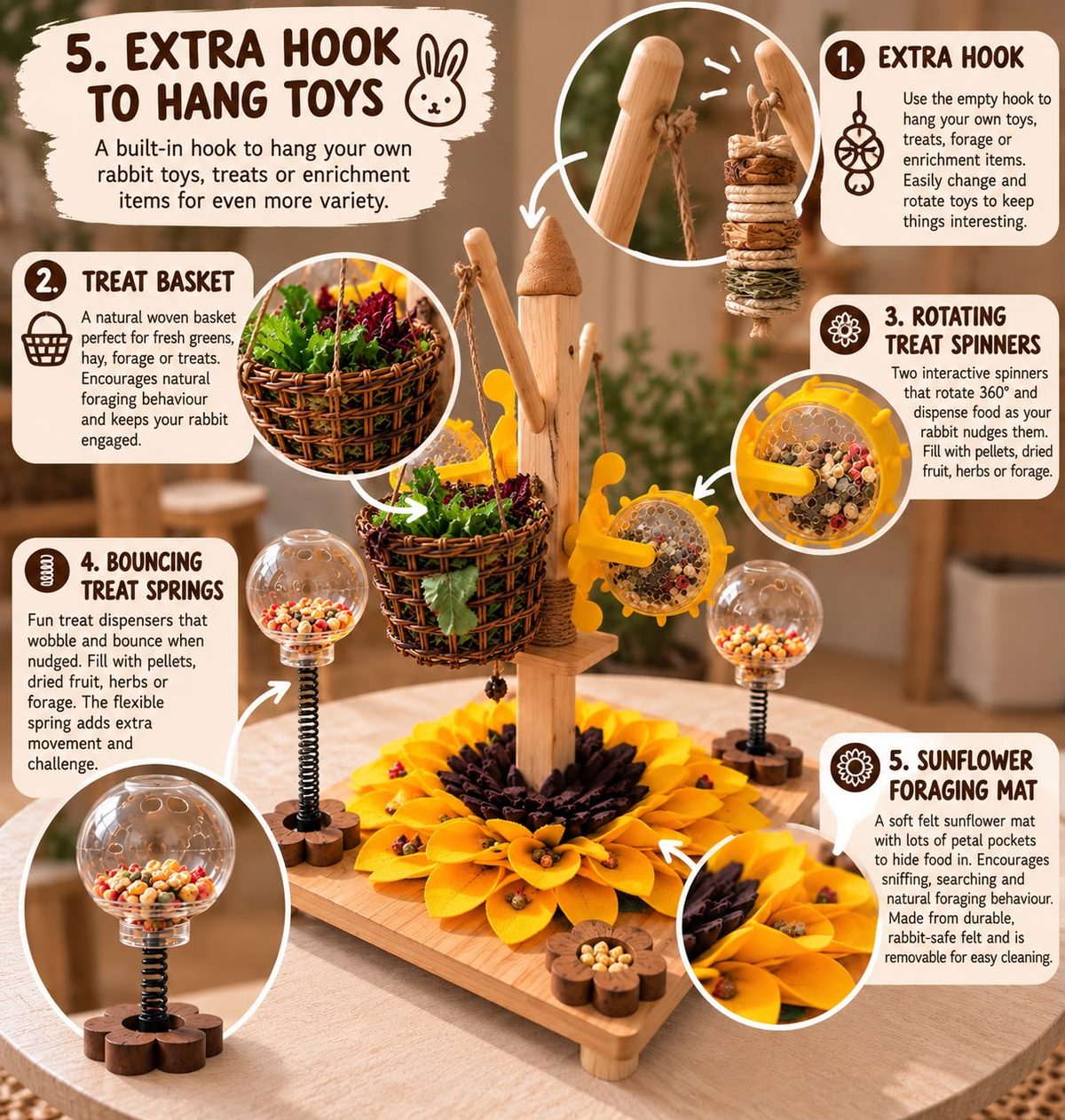 5. Extra Hook to Hang Toys — a built-in hook to hang your own rabbit toys, treats or enrichment items