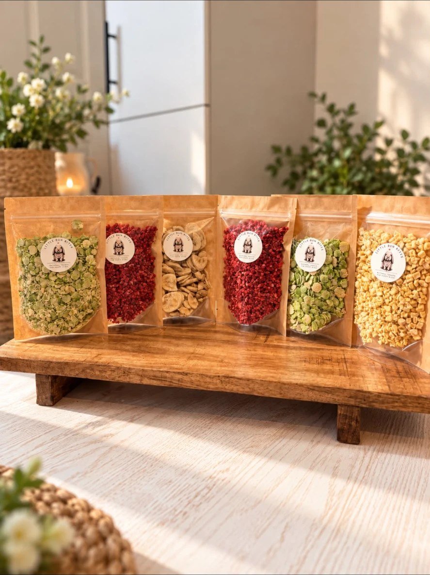 Range of natural treat pouches on a wooden tray