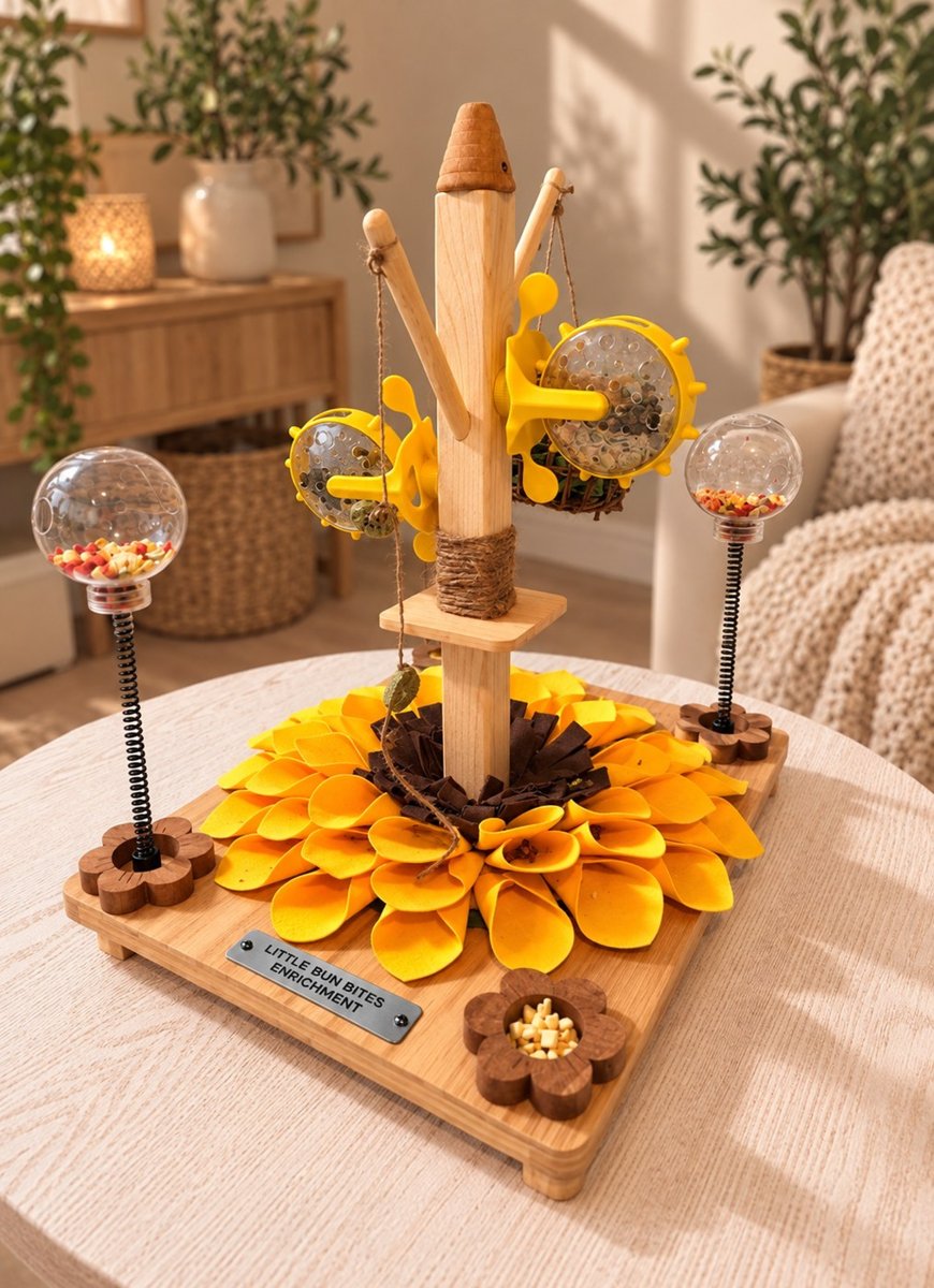 Enrichment tree with treat balls and felt sunflower foraging base